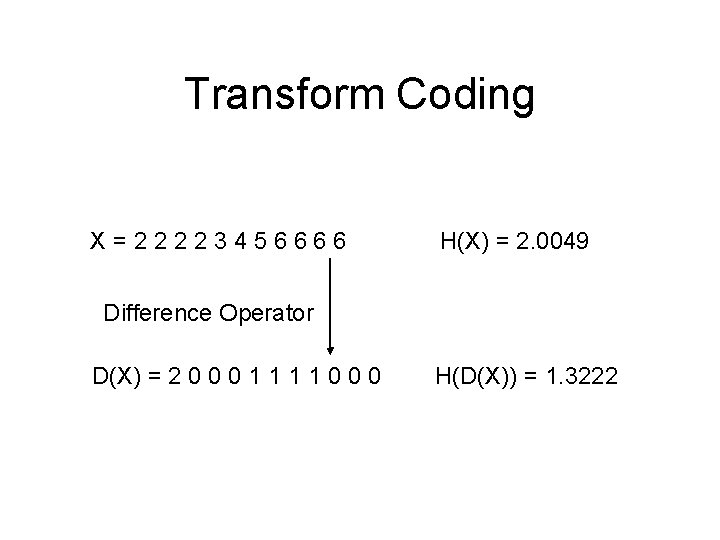 Transform Coding X=22223456666 H(X) = 2. 0049 Difference Operator D(X) = 2 0 0