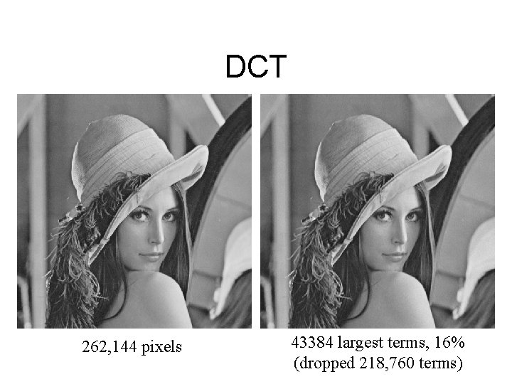 DCT 262, 144 pixels 43384 largest terms, 16% (dropped 218, 760 terms) 
