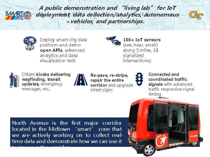 A public demonstration and “living lab” for Io. T deployment, data collection/analytics, autonomous vehicles,