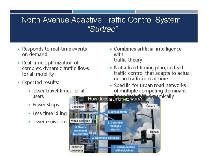 North Avenue Adaptive Traffic Control System: “Surtrac” § Responds to real-time events on demand