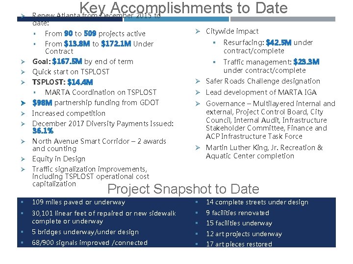 Ø Key Accomplishments to Date Renew Atlanta from December 2015 to date: § From