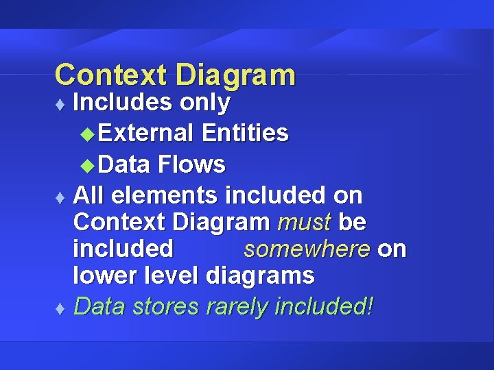 Context Diagram Includes only u. External Entities u. Data Flows t All elements included