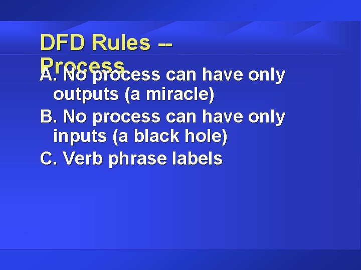 DFD Rules -Process A. No process can have only outputs (a miracle) B. No