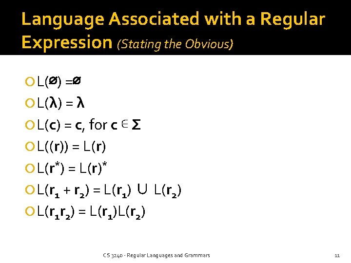 Language Associated with a Regular Expression (Stating the Obvious) L(∅) =∅ L(λ) = λ