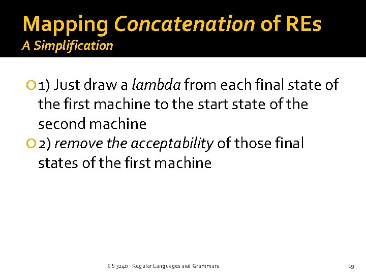 Mapping Concatenation of REs A Simplification 1) Just draw a lambda from each final