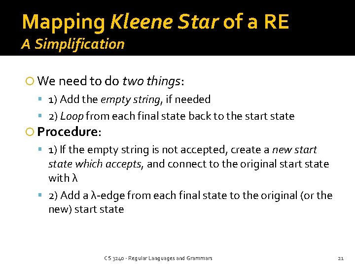 Mapping Kleene Star of a RE A Simplification We need to do two things: