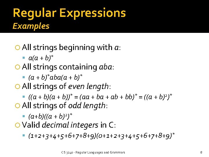 Regular Expressions Examples All strings beginning with a: a(a + b)* All strings containing