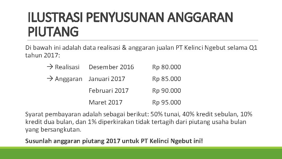 ILUSTRASI PENYUSUNAN ANGGARAN PIUTANG Di bawah ini adalah data realisasi & anggaran jualan PT ILUSTRASI PENYUSUNAN ANGGARAN PIUTANG Di bawah ini adalah data realisasi & anggaran jualan PT