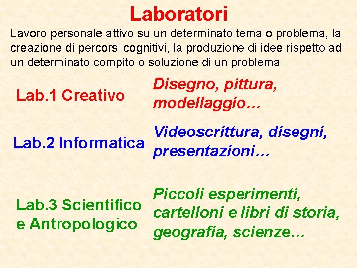 Laboratori Lavoro personale attivo su un determinato tema o problema, la creazione di percorsi