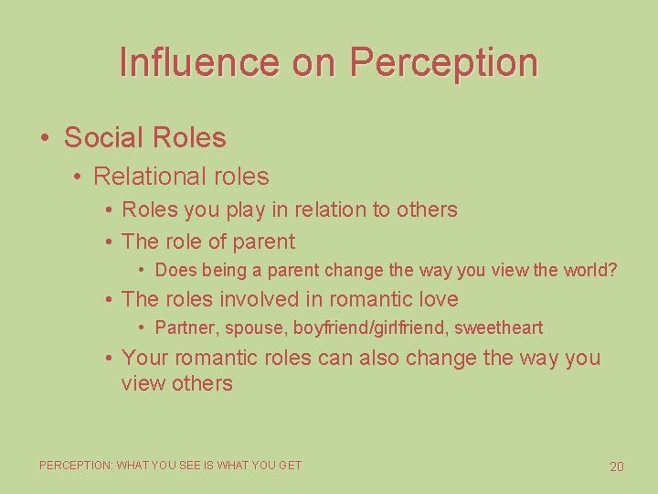 Influence on Perception • Social Roles • Relational roles • Roles you play in