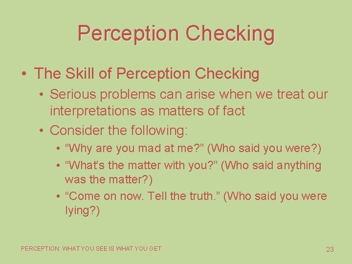 Perception Checking • The Skill of Perception Checking • Serious problems can arise when