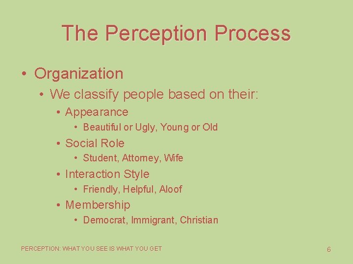 The Perception Process • Organization • We classify people based on their: • Appearance