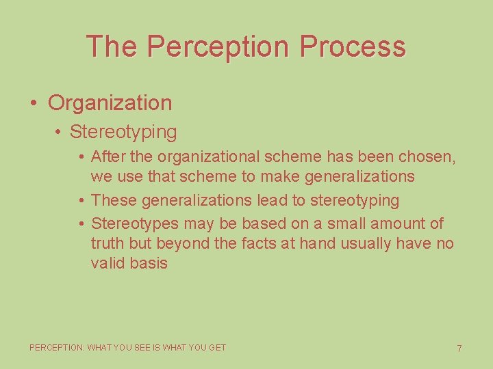 The Perception Process • Organization • Stereotyping • After the organizational scheme has been