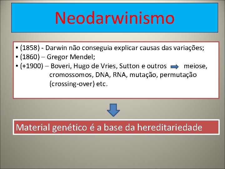 Neodarwinismo • (1858) - Darwin não conseguia explicar causas das variações; • (1860) – Neodarwinismo • (1858) - Darwin não conseguia explicar causas das variações; • (1860) –