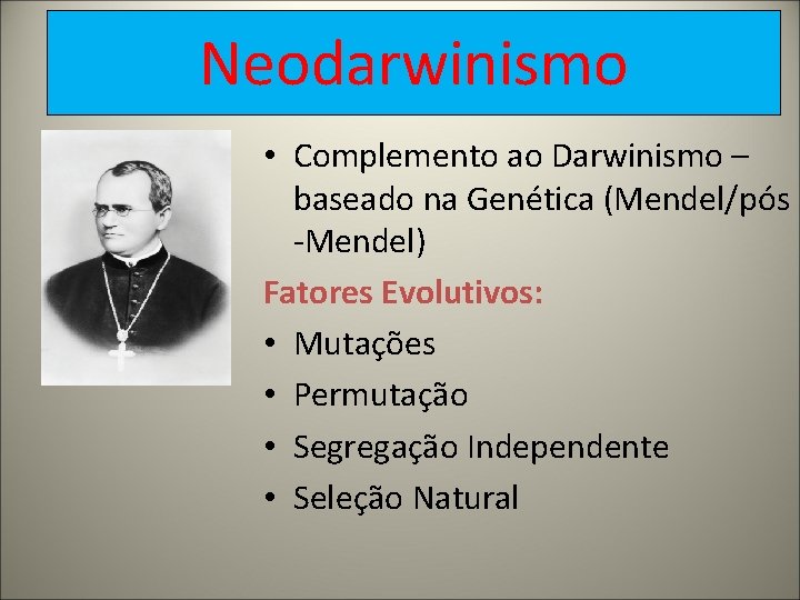 Neodarwinismo • Complemento ao Darwinismo – baseado na Genética (Mendel/pós -Mendel) Fatores Evolutivos: •
