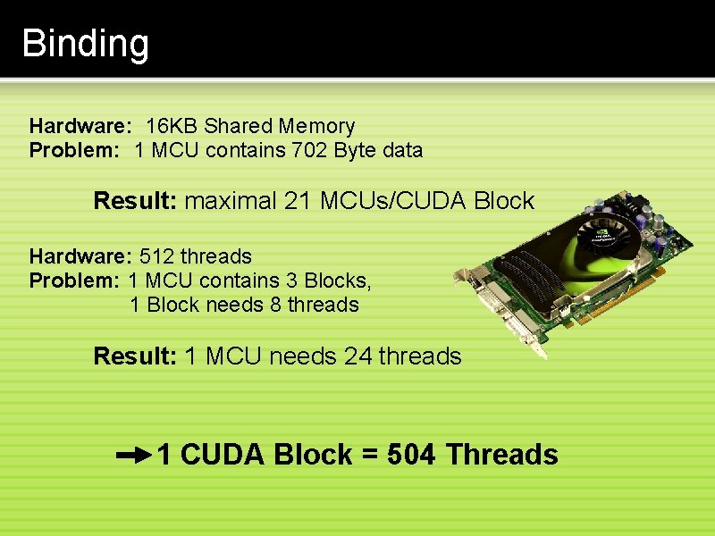 Binding Hardware: 16 KB Shared Memory Problem: 1 MCU contains 702 Byte data Result: