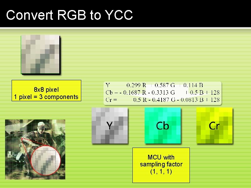 Convert RGB to YCC 8 x 8 pixel 1 pixel = 3 components MCU