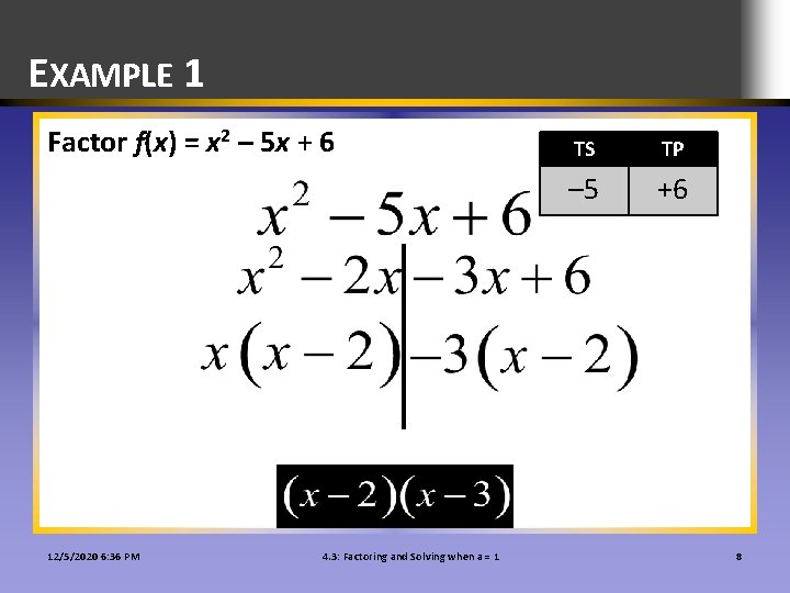 EXAMPLE 1 Factor f(x) = x 2 – 5 x + 6 12/5/2020 6: