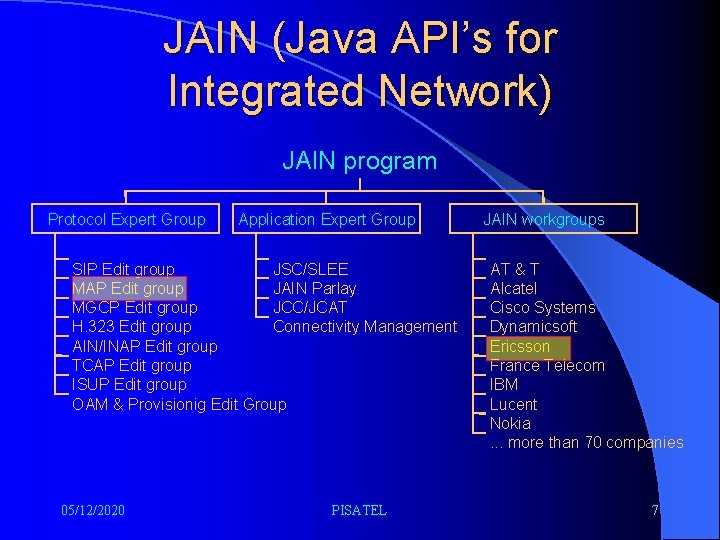 JAIN (Java API’s for Integrated Network) JAIN program Protocol Expert Group Application Expert Group