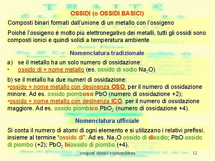 OSSIDI (o OSSIDI BASICI) Composti binari formati dall’unione di un metallo con l’ossigeno Poiché