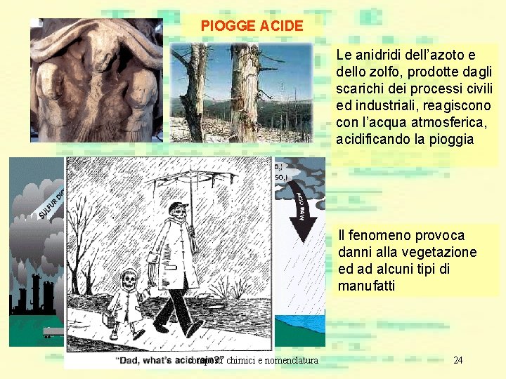 PIOGGE ACIDE Le anidridi dell’azoto e dello zolfo, prodotte dagli scarichi dei processi civili