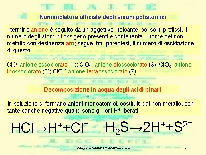 Nomenclatura ufficiale degli anioni poliatomici I termine anione è seguito da un aggettivo indicante,