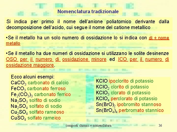 Nomenclatura tradizionale Si indica per primo il nome dell’anione poliatomico derivante dalla decomposizione dell’acido,