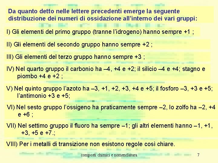 Da quanto detto nelle lettere precedenti emerge la seguente distribuzione dei numeri di ossidazione