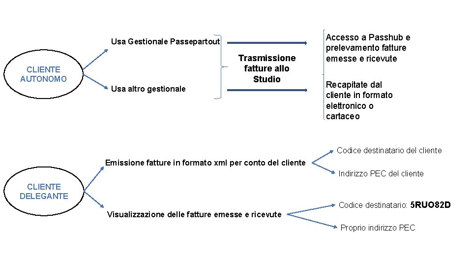 Usa Gestionale Passepartout Trasmissione fatture allo Studio CLIENTE AUTONOMO Usa altro gestionale Accesso a