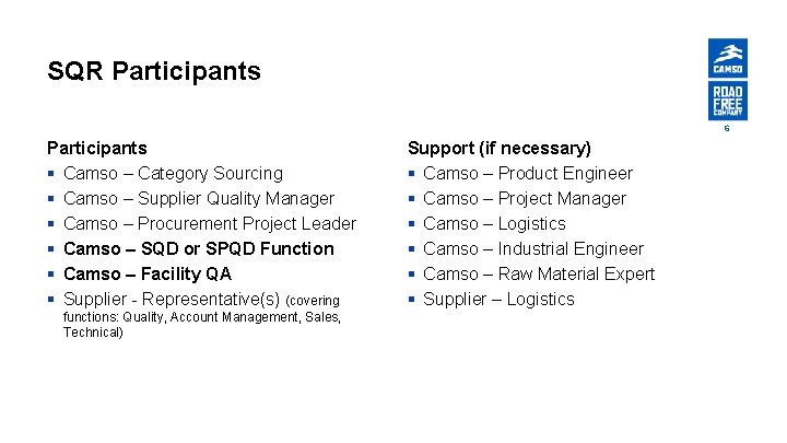 SQR Participants 6 Participants § Camso – Category Sourcing § Camso – Supplier Quality