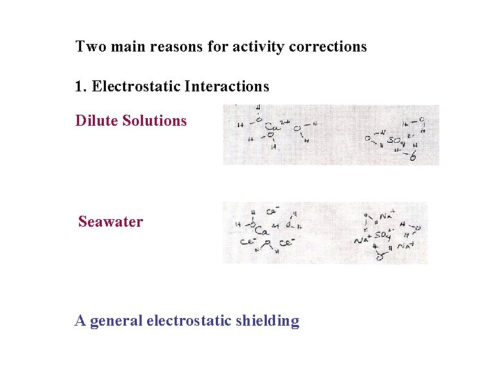 Two main reasons for activity corrections 1. Electrostatic Interactions Dilute Solutions Seawater A general