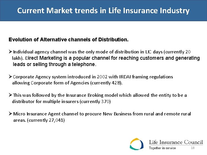 Current Market trends in Life Insurance Industry Evolution of Alternative channels of Distribution. ØIndividual
