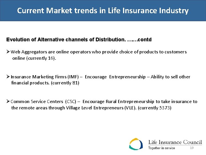 Current Market trends in Life Insurance Industry Evolution of Alternative channels of Distribution. ……contd