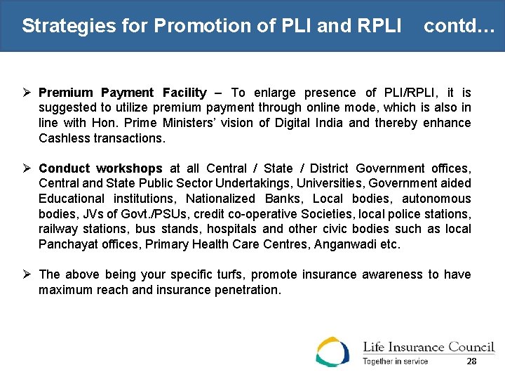 Strategies for Promotion of PLI and RPLI contd… Premium Payment Facility – To enlarge