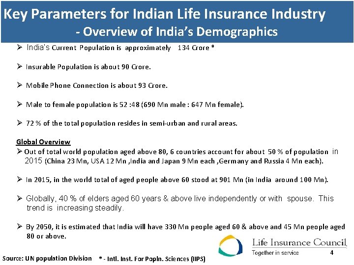 Key Parameters for Indian Life Insurance Industry - Overview of India’s Demographics Ø India’s