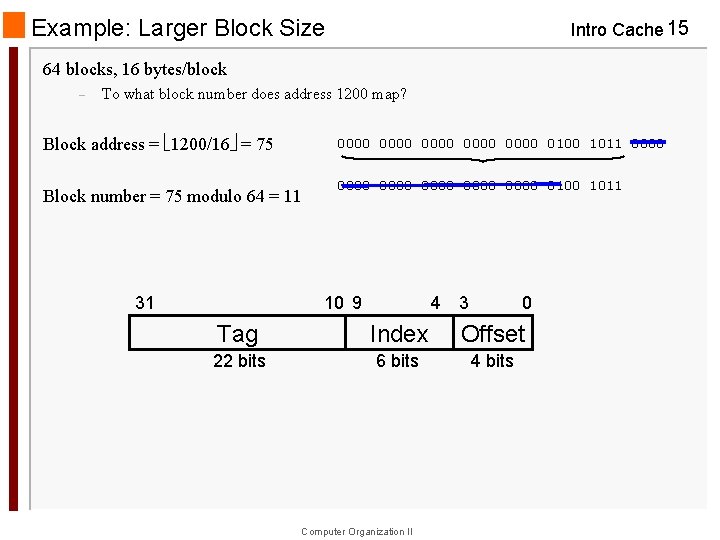 Example: Larger Block Size Intro Cache 15 64 blocks, 16 bytes/block – To what