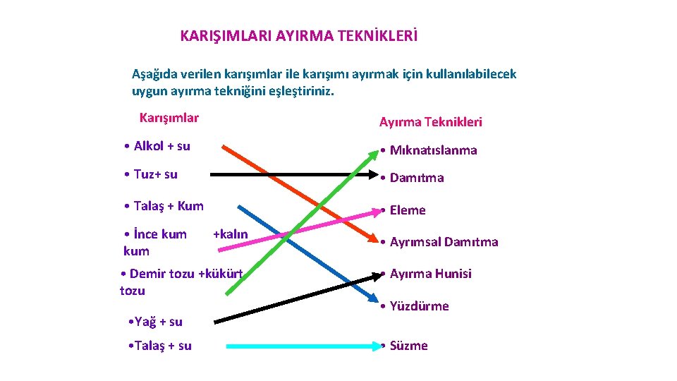 KARIŞIMLARI AYIRMA TEKNİKLERİ Aşağıda verilen karışımlar ile karışımı ayırmak için kullanılabilecek uygun ayırma tekniğini