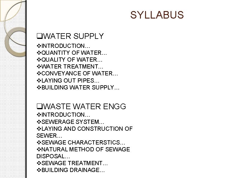 SYLLABUS WATER SUPPLY INTRODUCTION… QUANTITY OF WATER… QUALITY OF WATER… WATER TREATMENT… CONVEYANCE OF