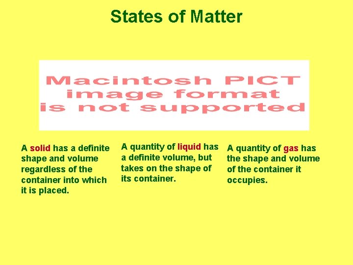 States of Matter A solid has a definite shape and volume regardless of the