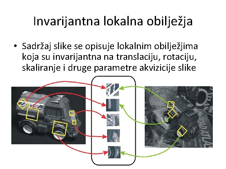 Invarijantna lokalna obilježja • Sadržaj slike se opisuje lokalnim obilježjima koja su invarijantna na