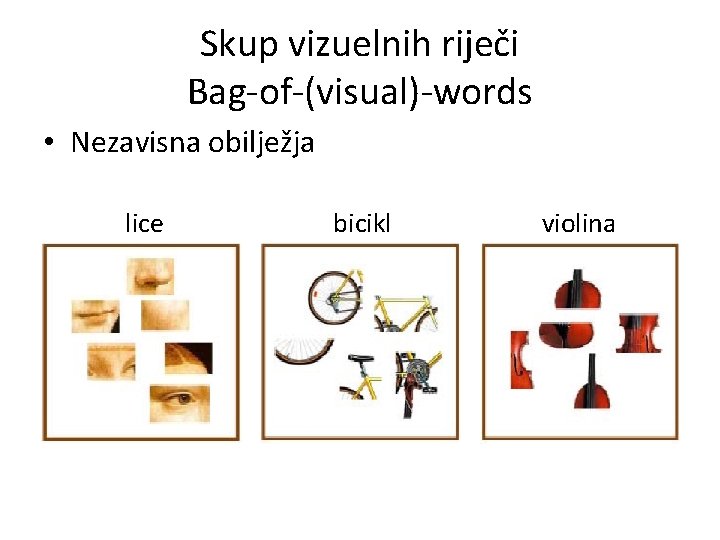 Skup vizuelnih riječi Bag-of-(visual)-words • Nezavisna obilježja lice bicikl violina 