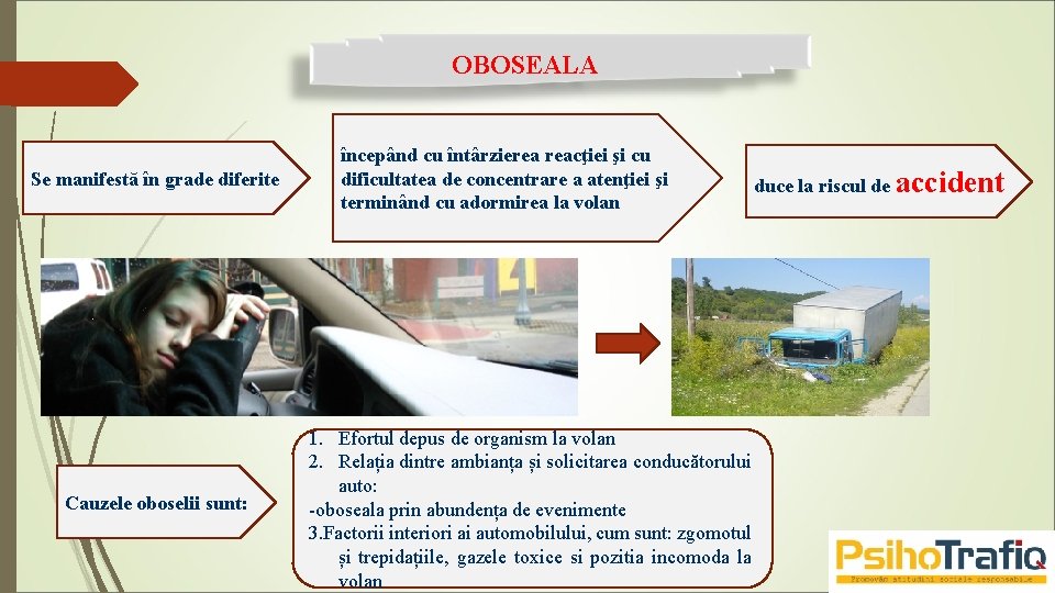 OBOSEALA Se manifestă în grade diferite Cauzele oboselii sunt: începând cu întârzierea reacţiei şi