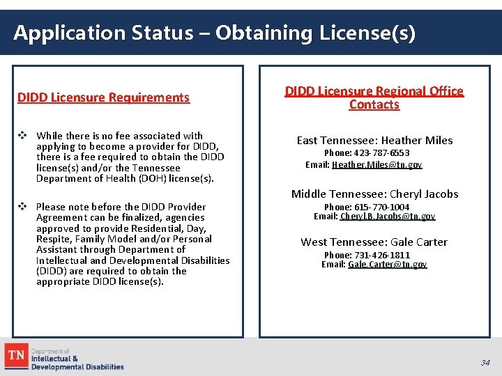 Application Status – Obtaining License(s) DIDD Licensure Requirements v While there is no fee