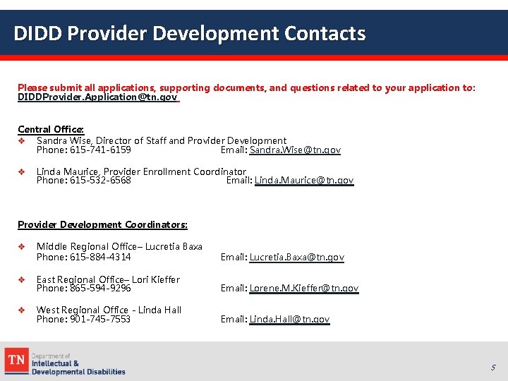 DIDD Provider Development Contacts Please submit all applications, supporting documents, and questions related to