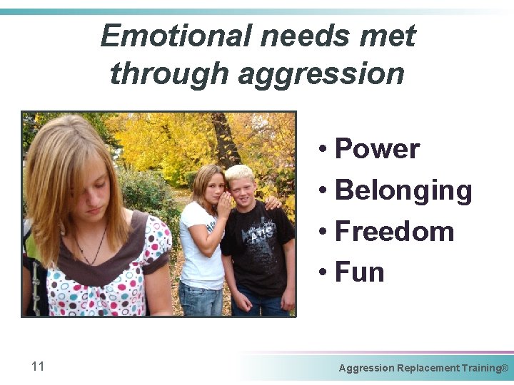 Emotional needs met through aggression • Power • Belonging • Freedom • Fun 11
