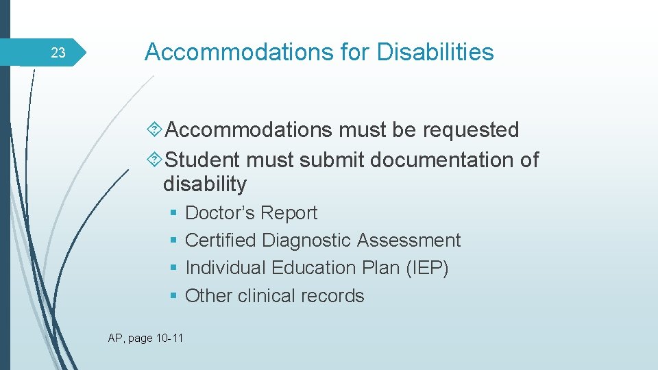 23 Accommodations for Disabilities Accommodations must be requested Student must submit documentation of disability