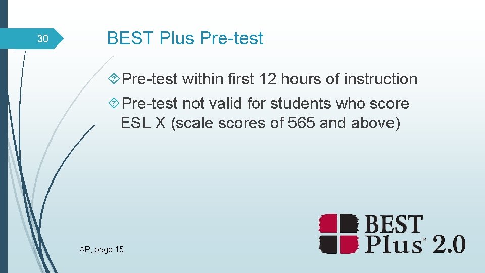 30 BEST Plus Pre-test within first 12 hours of instruction Pre-test not valid for