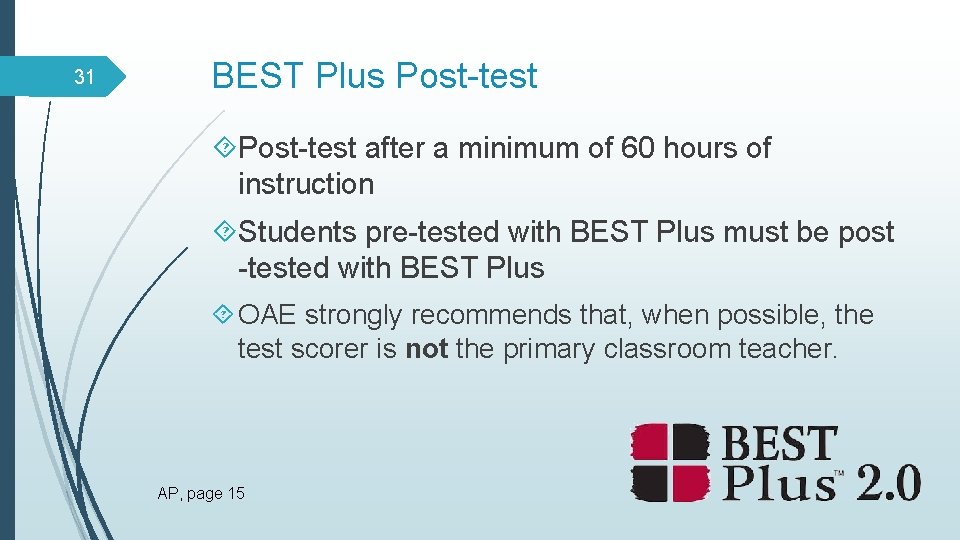31 BEST Plus Post-test after a minimum of 60 hours of instruction Students pre-tested