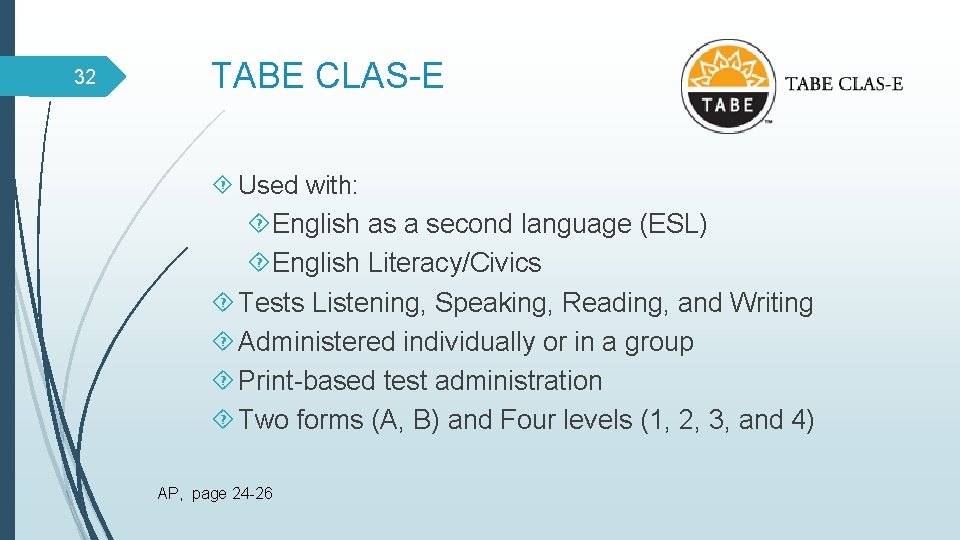 32 TABE CLAS-E Used with: English as a second language (ESL) English Literacy/Civics Tests