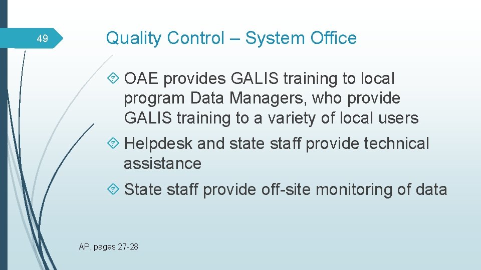 49 Quality Control – System Office OAE provides GALIS training to local program Data